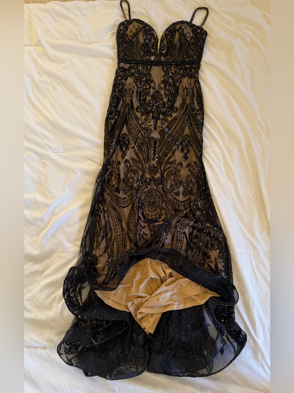 Mac Duggal 
Black Beaded Lace Overlay Evening Gown with Corset Nude Lining